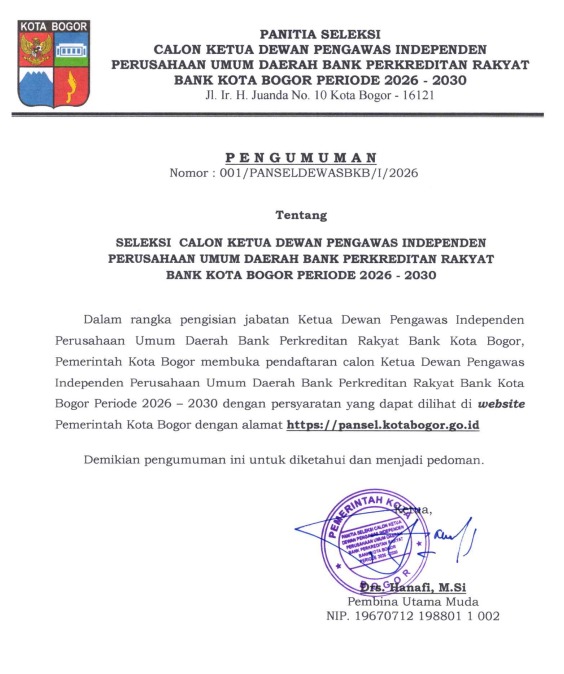 Pendaftaran Calon Ketua Dewas BPR Bank Kota Bogor Periode 2026-2030 Dibuka, Berikut Ini Tahapannya